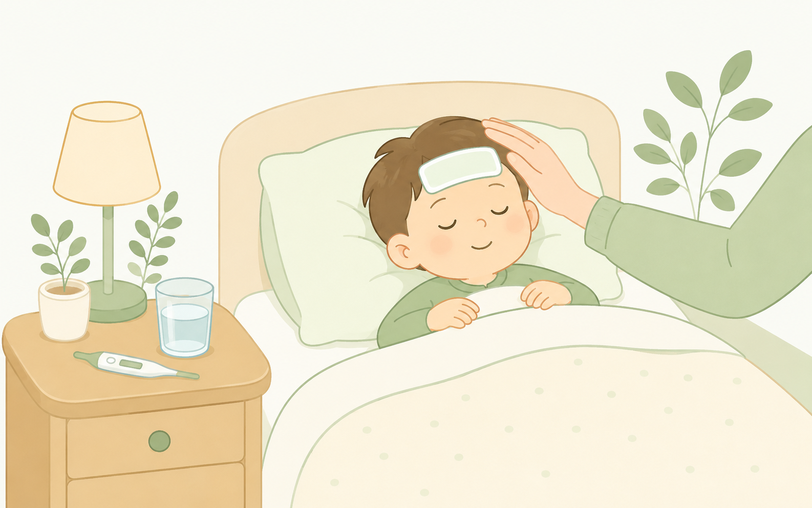 体温計とタオル、寝ている子どもの手元