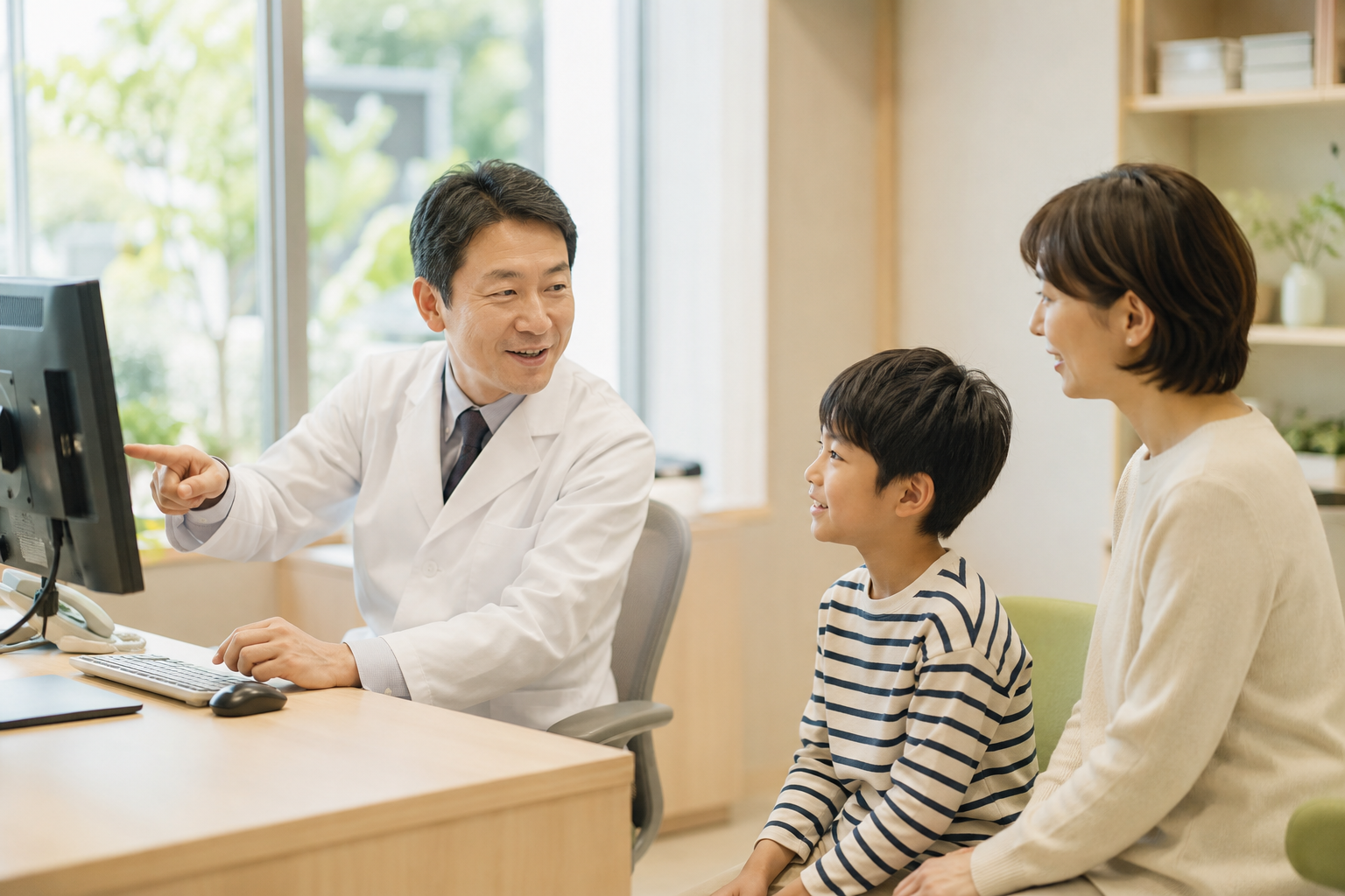 診察室で保護者とお子さまに向き合う場面