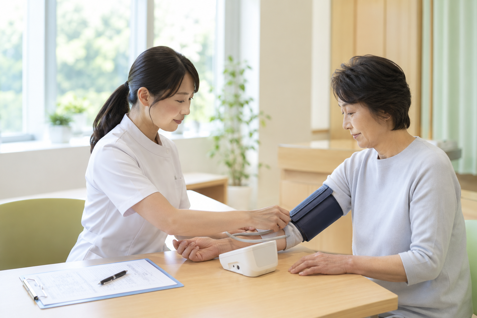 健診の受付・計測風景（人物は個人が特定されない構図）