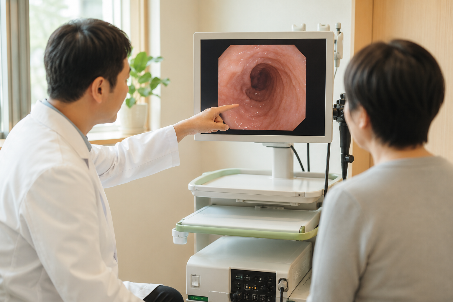 モニターを示しながら胃・大腸の内視鏡検査を